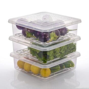 Plastic Fridge Storage Boxes (Pack Of 3), Fridge Organizer With Removable Drain Plate Tray Keeps Fruits, Vegetables, Meat, Fish Fresh Longer (2500 Ml), Transparent