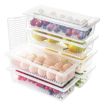 Fridge Storage Boxes (Pack of 4), Fridge Organizer with Removable Drain Plate Tray Keeps Fruits, Vegetables, Meat, Fish Fresh Longer (1500 ML)