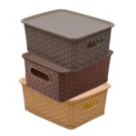Multipurpose Solitaire Storage Basket with Lid (Pack of 3) | Compact Multipurpose Storage Basket with Lid | Sturdy Plastic, Side Grips, 10.5D x 25W x 19H cm (Multi-Color)